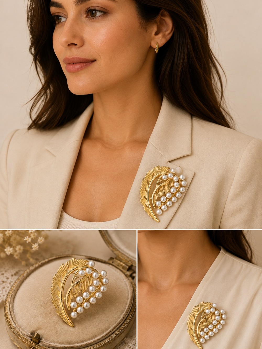 Gold Leaf Pearl Cluster Brooch - Picture 5 of 10